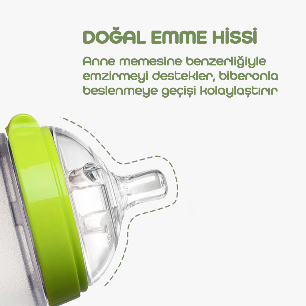 Comotomo Silikon Biberon 150ml Yeşil + 2'li Hızlı Akışlı Biberon Emziği