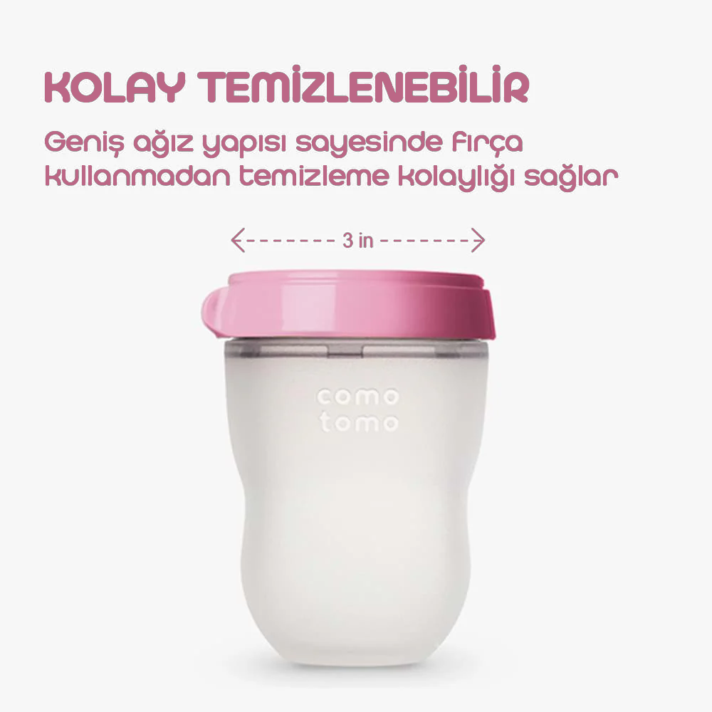 Comotomo Silikon Biberon 150ml Pembe + 2'li Hızlı Akışlı Biberon Emziği