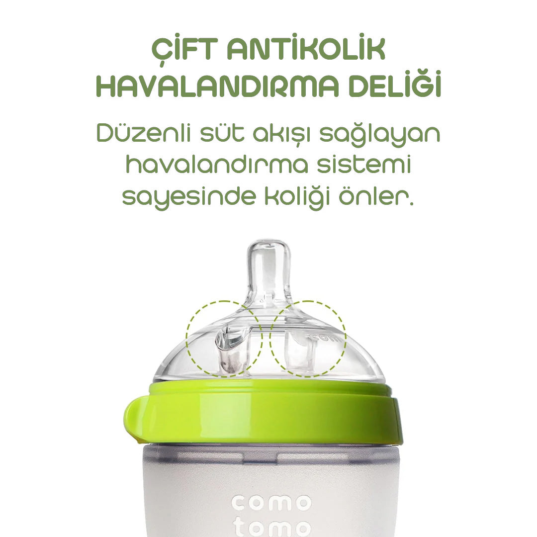 Comotomo Silikon Biberon 150ml Yavaş Akışlı (0-3 Ay) Yenidoğan - Yeşil