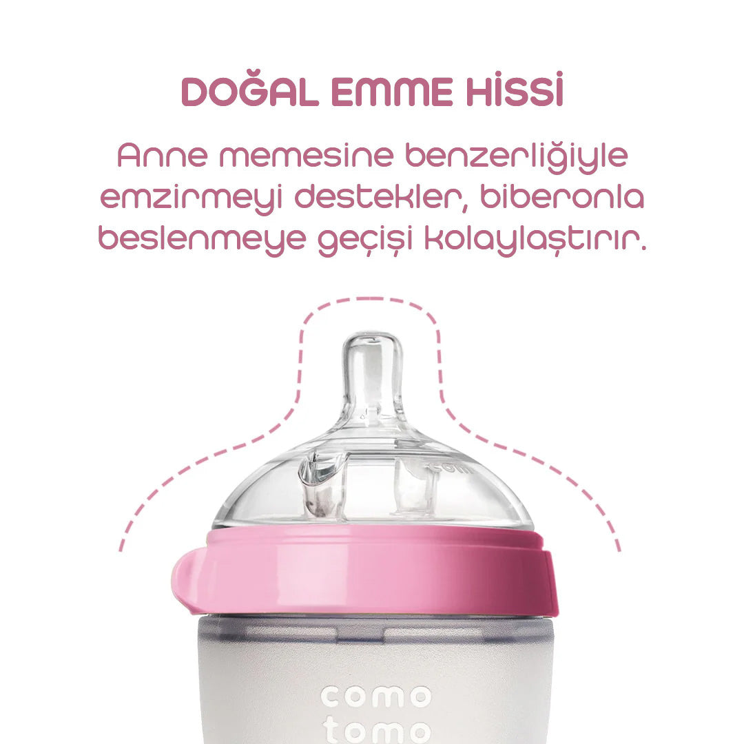 Comotomo Silikon Biberon 150ml Yavaş Akışlı (0-3 Ay) Yenidoğan - Pembe