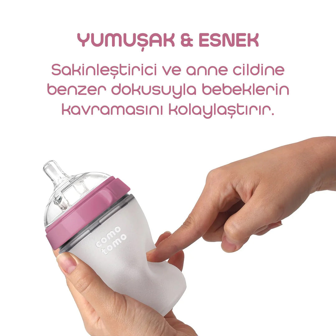 Comotomo Silikon Biberon 150ml Yavaş Akışlı (0-3 Ay) Yenidoğan - Pembe