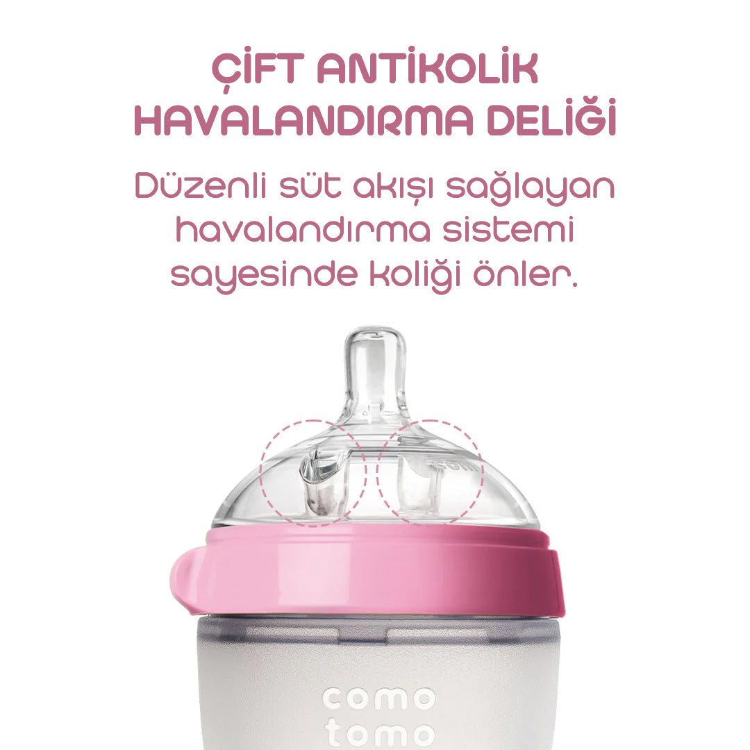 Comotomo Silikon Biberon 150ml Yavaş Akışlı (0-3 Ay) Yenidoğan - Pembe